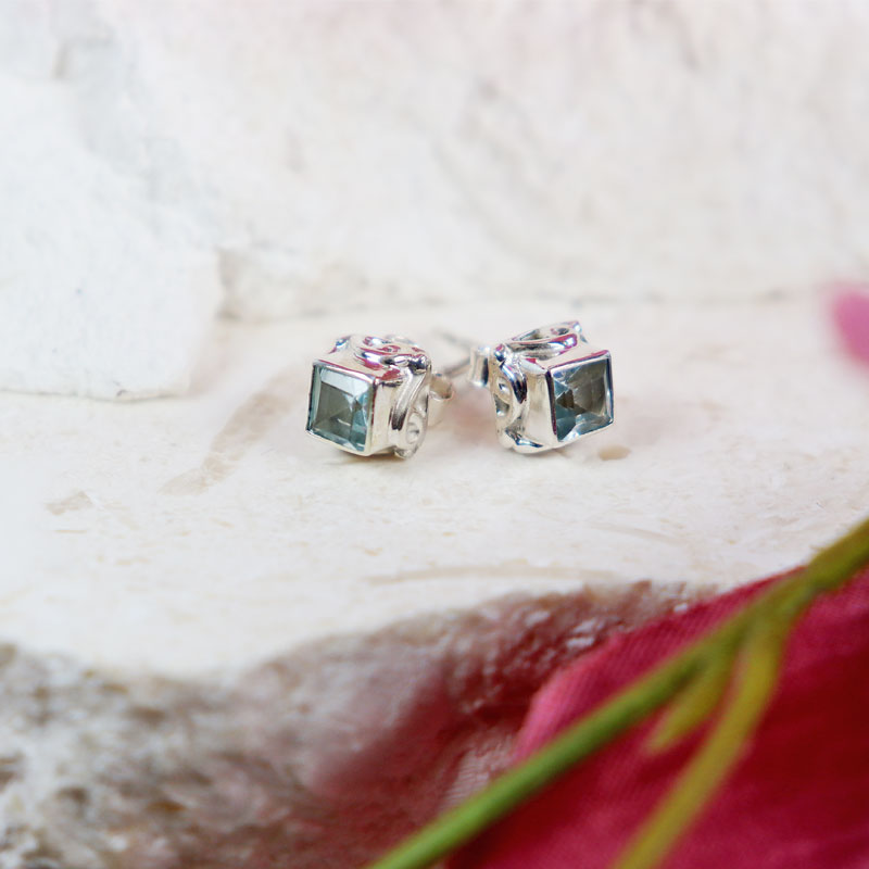 blue topaz silver gemstone stud earrings