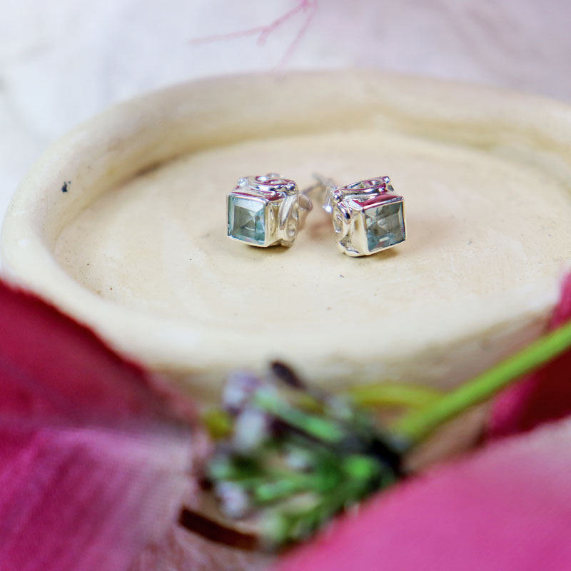 blue topaz silver gemstone stud earrings