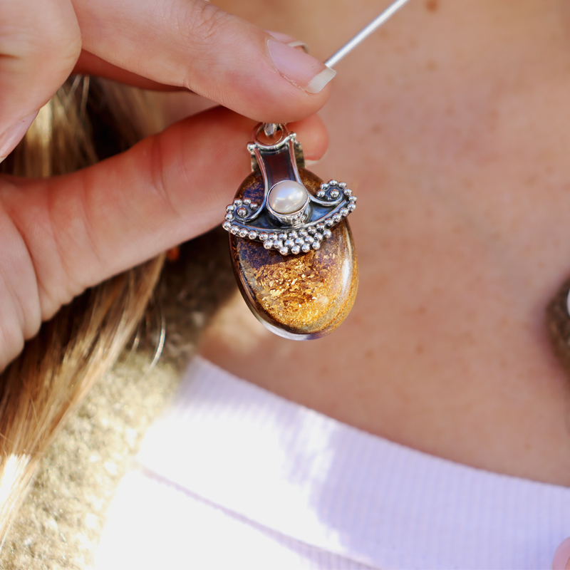 bronzite pearl silver gemtone pendant