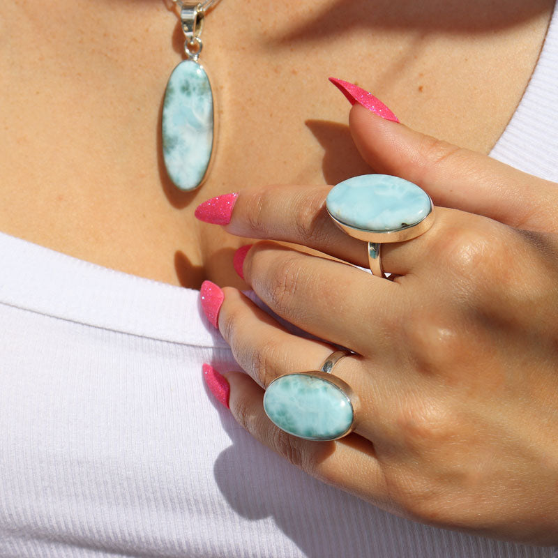 oval larimar gemstone silver ring