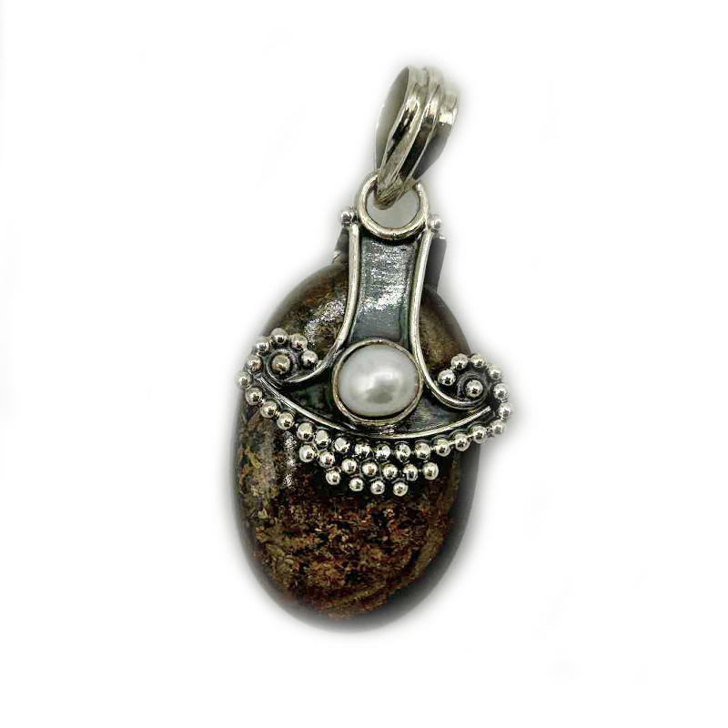bronzite pearl silver gemtone pendant