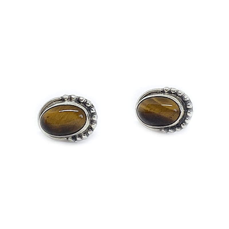 tiger eye oval silver gemstone stud earrings