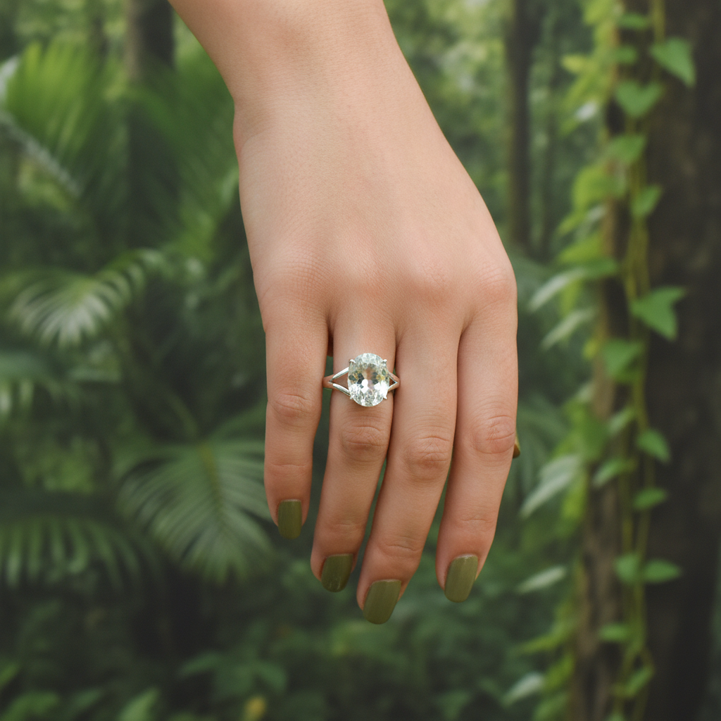 oval green amethyst sterling silver gemstone ring