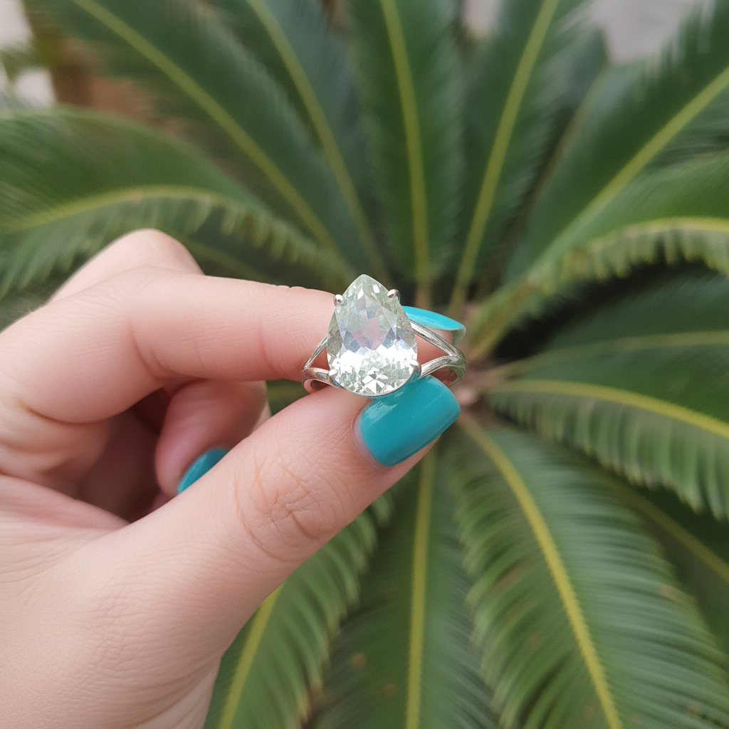 green amethyst teardrop sterling silver gemstone ring
