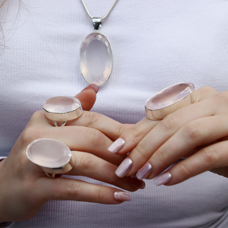 rose quartz large sterling silver gemstone ring