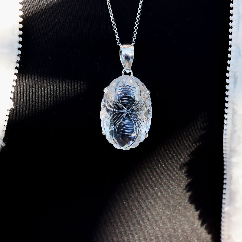 clear quartz oval etched silver gemstone pendant
