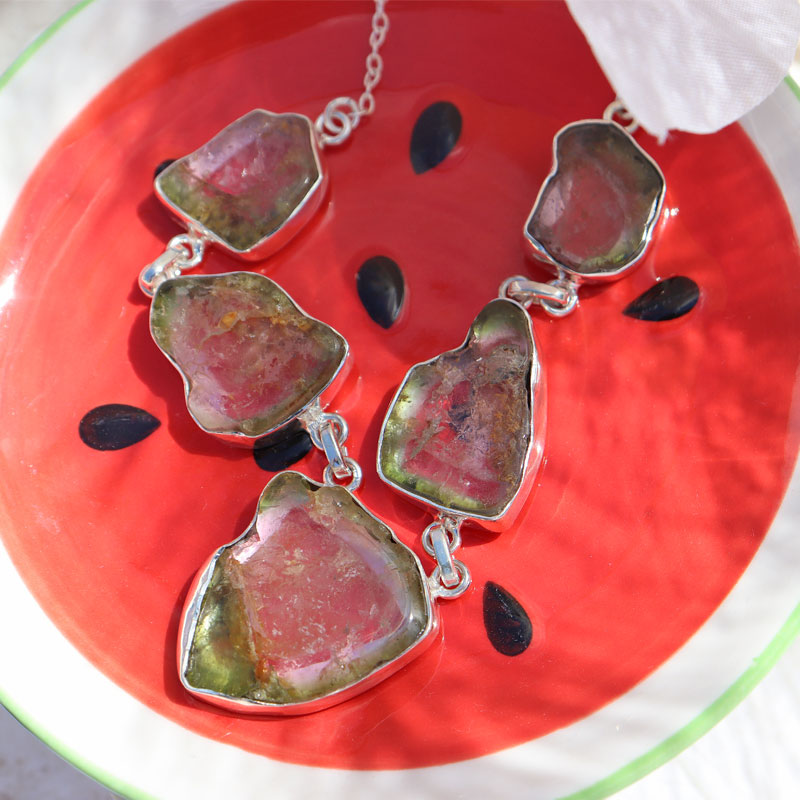 watermelon tourmaline silver gemstone necklace