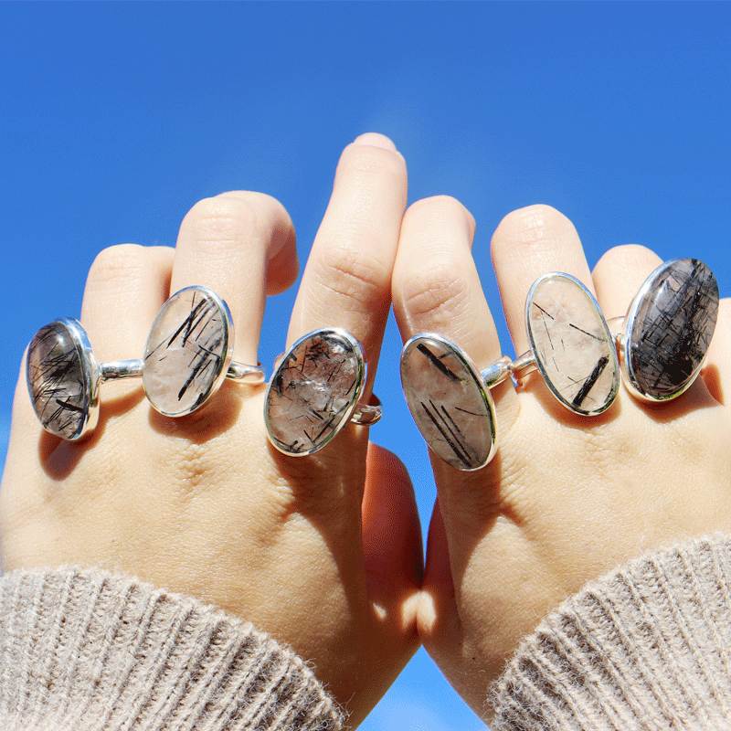 black rutilated quartz silver gemstone ring