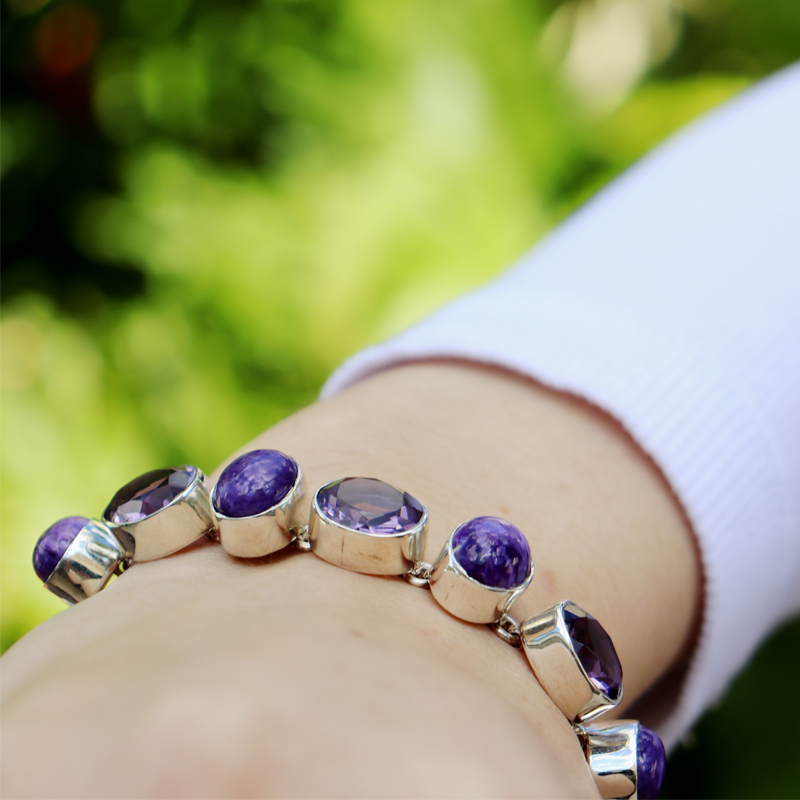 amethyst charoite sterling silver gemstone bracelet