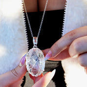 clear quartz oval etched silver gemstone pendant