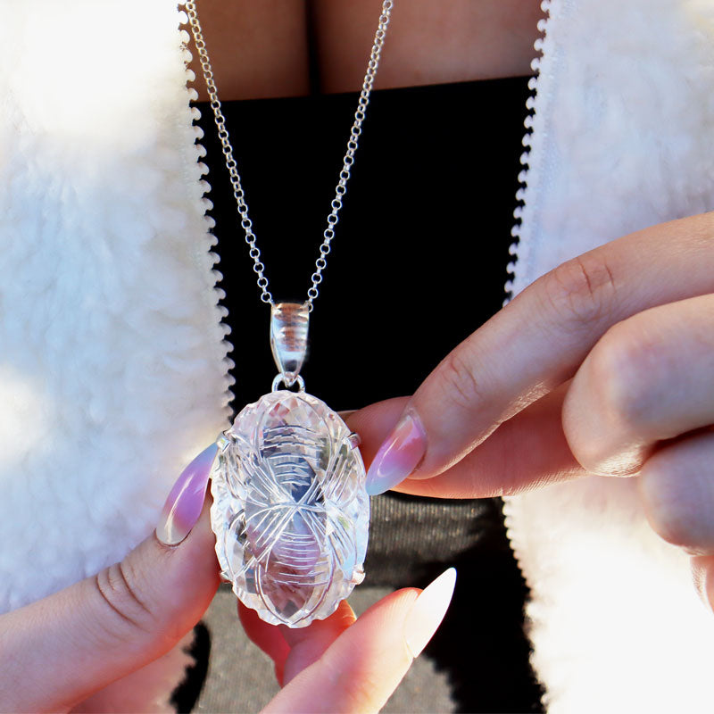 clear quartz oval etched silver gemstone pendant