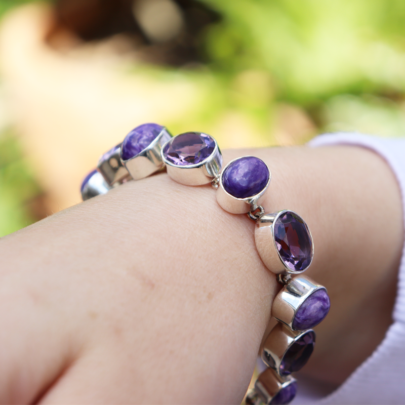 amethyst charoite sterling silver gemstone bracelet