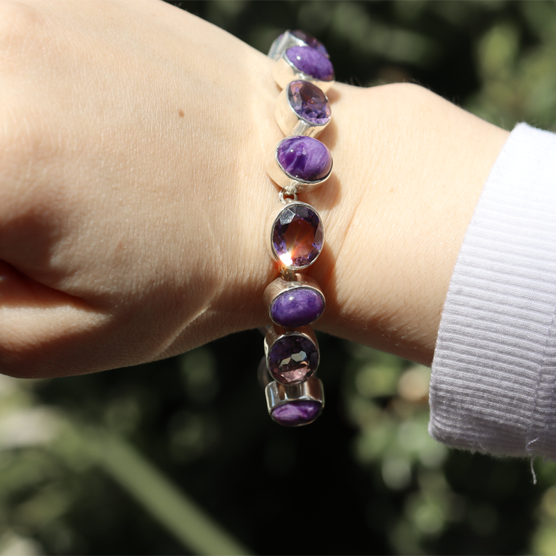 amethyst charoite sterling silver gemstone bracelet