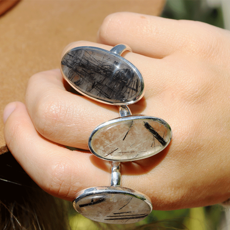 black rutilated quartz silver gemstone ring