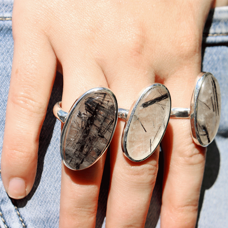 black rutilated quartz silver gemstone ring