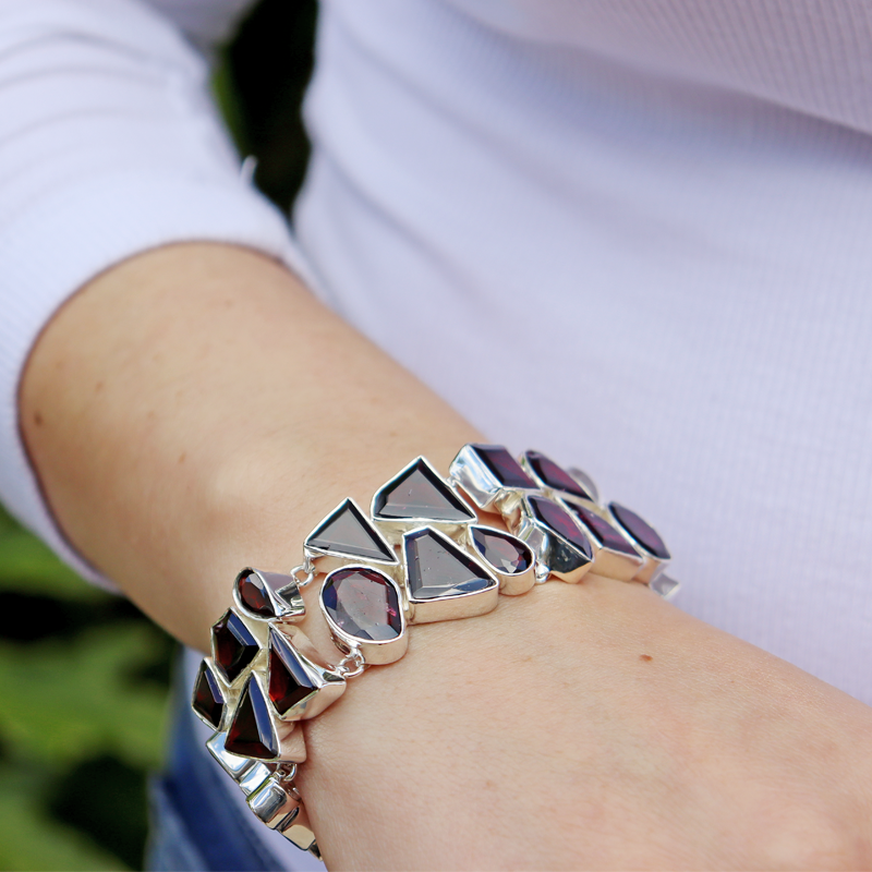 garnet sterling silver emerald cut gemstone bracelet