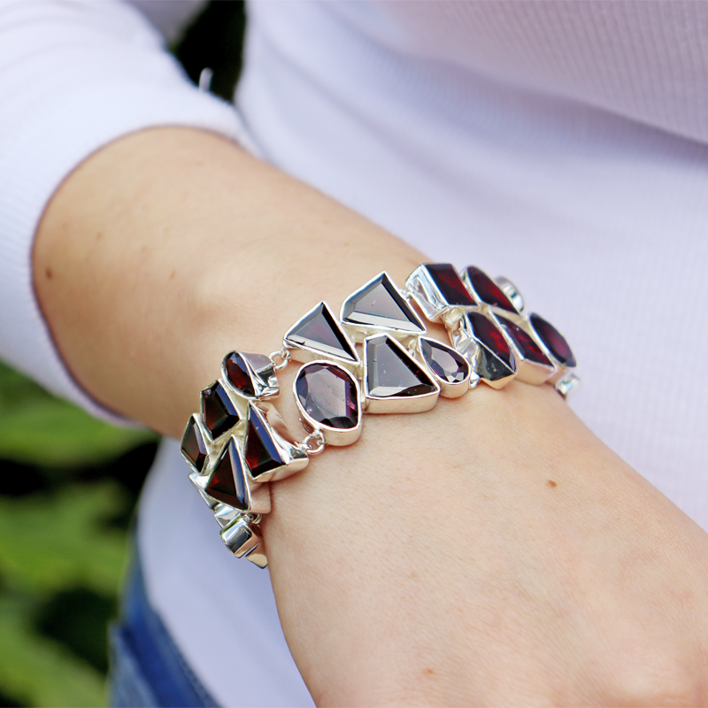 garnet sterling silver emerald cut gemstone bracelet