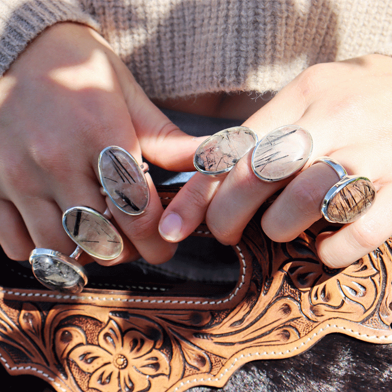 black rutilated quartz silver gemstone ring