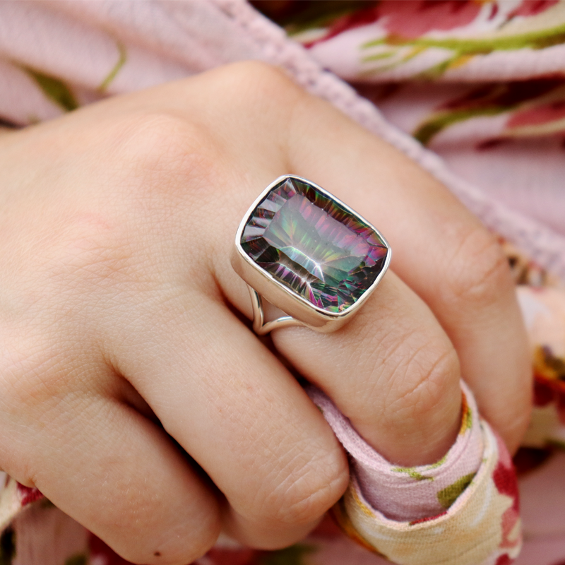 rectangle mystic topaz sterling silver ring