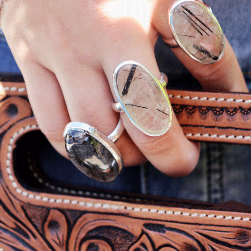 black rutilated quartz silver gemstone ring