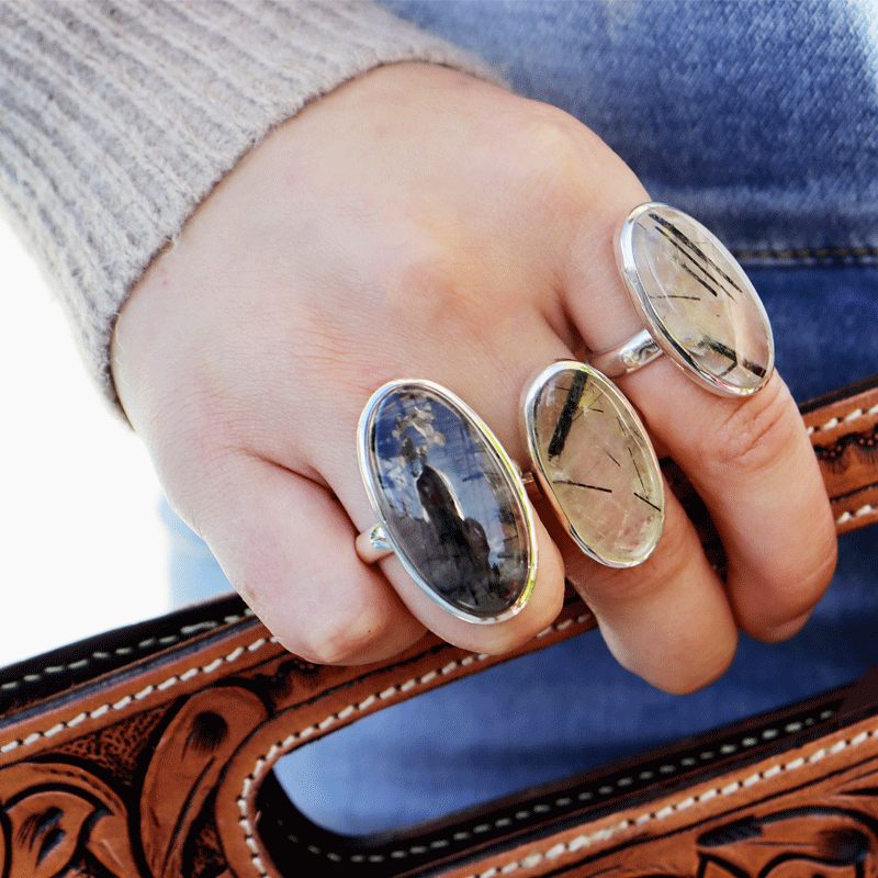 black rutilated quartz silver gemstone ring