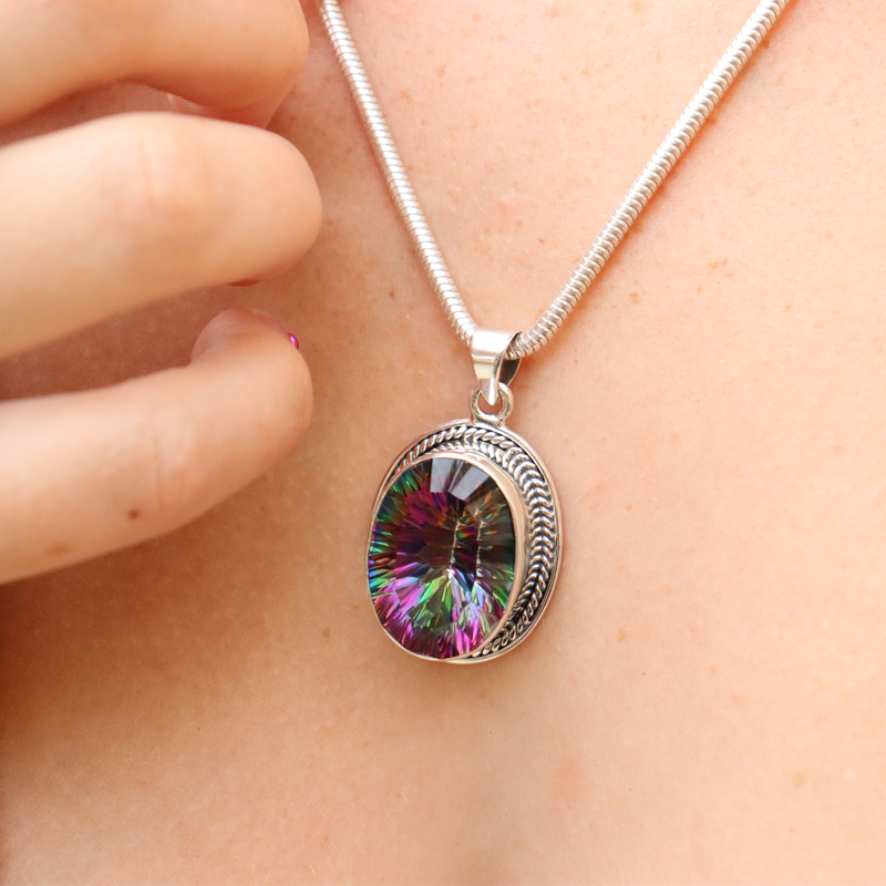 mystic topaz oval sterling silver gemstone pendant