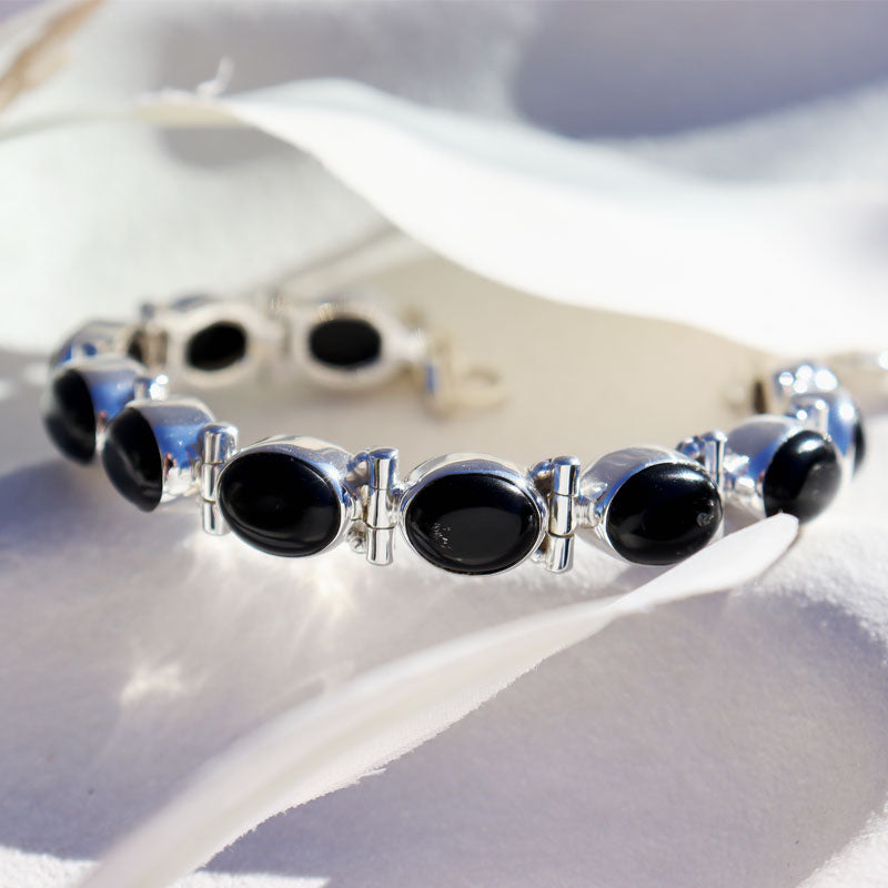 black onyx oval gemstone silver bracelet