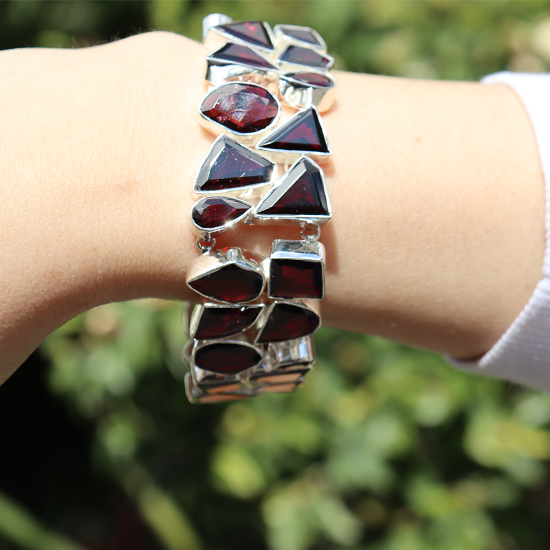 garnet sterling silver emerald cut gemstone bracelet
