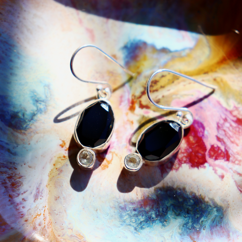 black onyx clear quartz sterling silver drop earrings