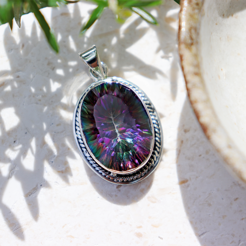 mystic topaz oval sterling silver gemstone pendant