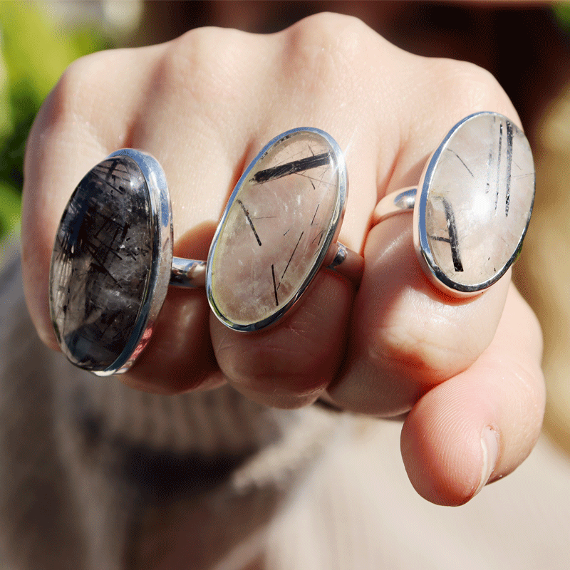 black rutilated quartz silver gemstone ring