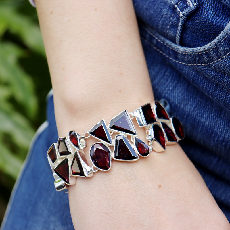 garnet sterling silver emerald cut gemstone bracelet
