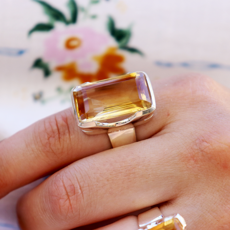 emerald cut citrine sterling silver gemstone ring