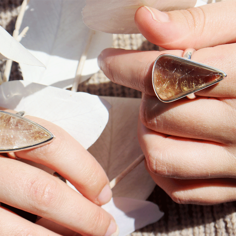 rutilated quartz silver gemstone ring