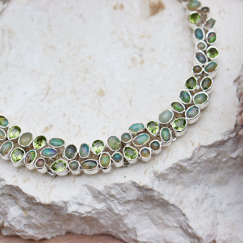 opal peridot silver gemstone necklace