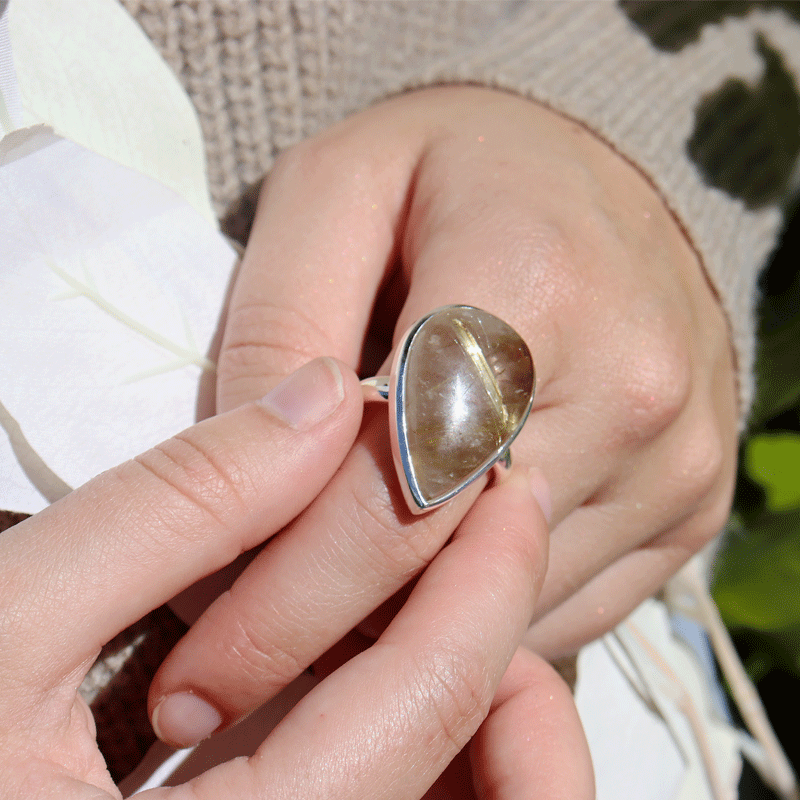 rutilated quartz silver gemstone ring