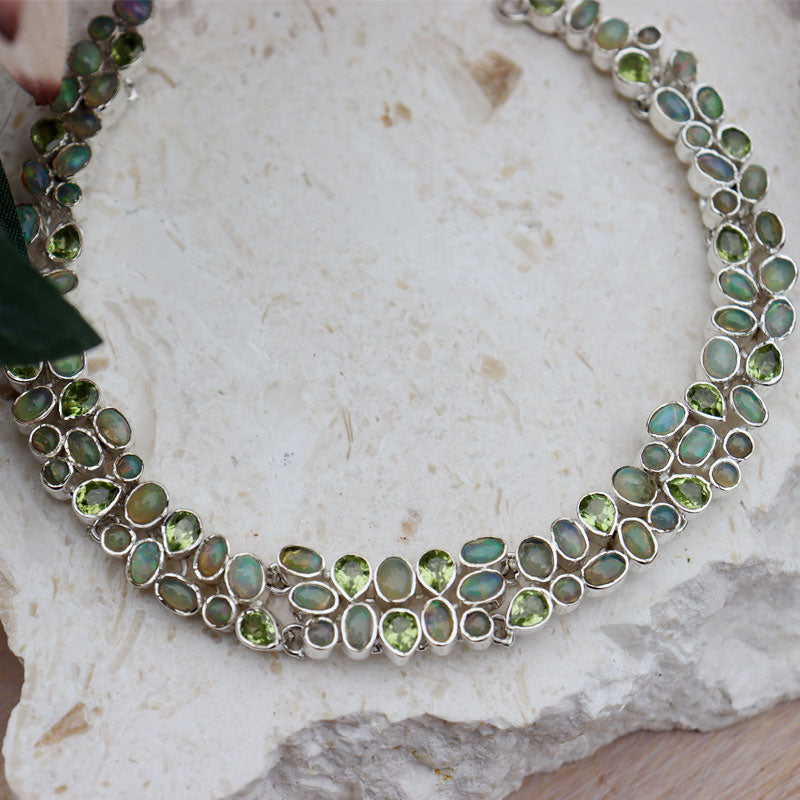 opal peridot silver gemstone necklace