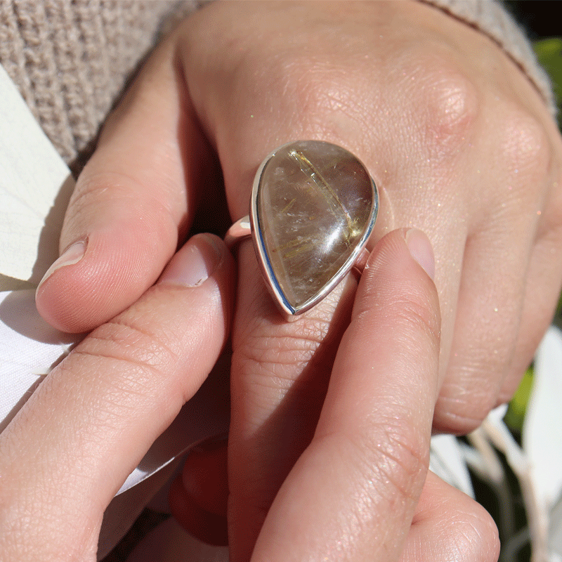 rutilated quartz silver gemstone ring