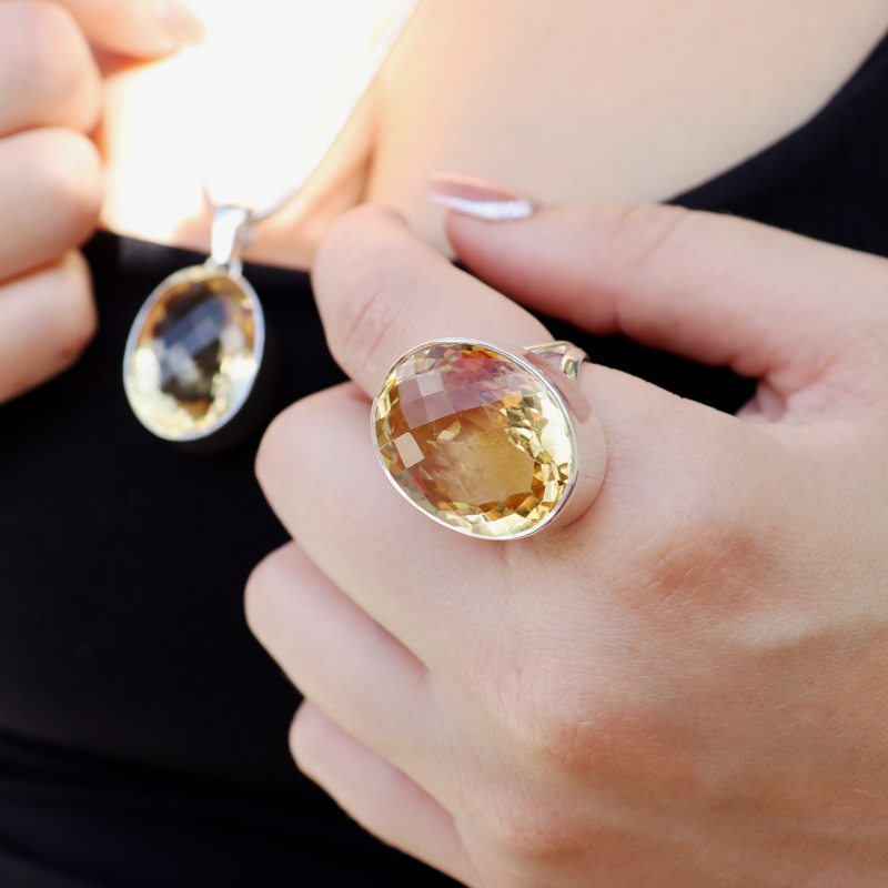 citrine oval checkerboard cut sterling silver gemstone ring