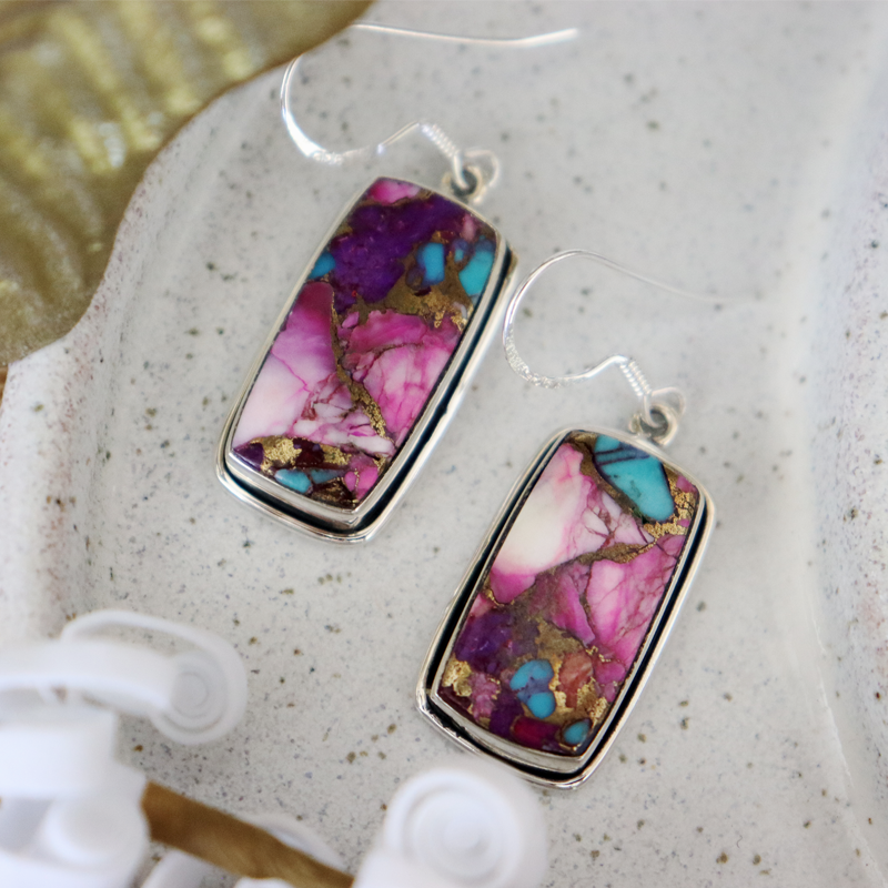 pink oyster turquoise sterling silver gemstone earrings