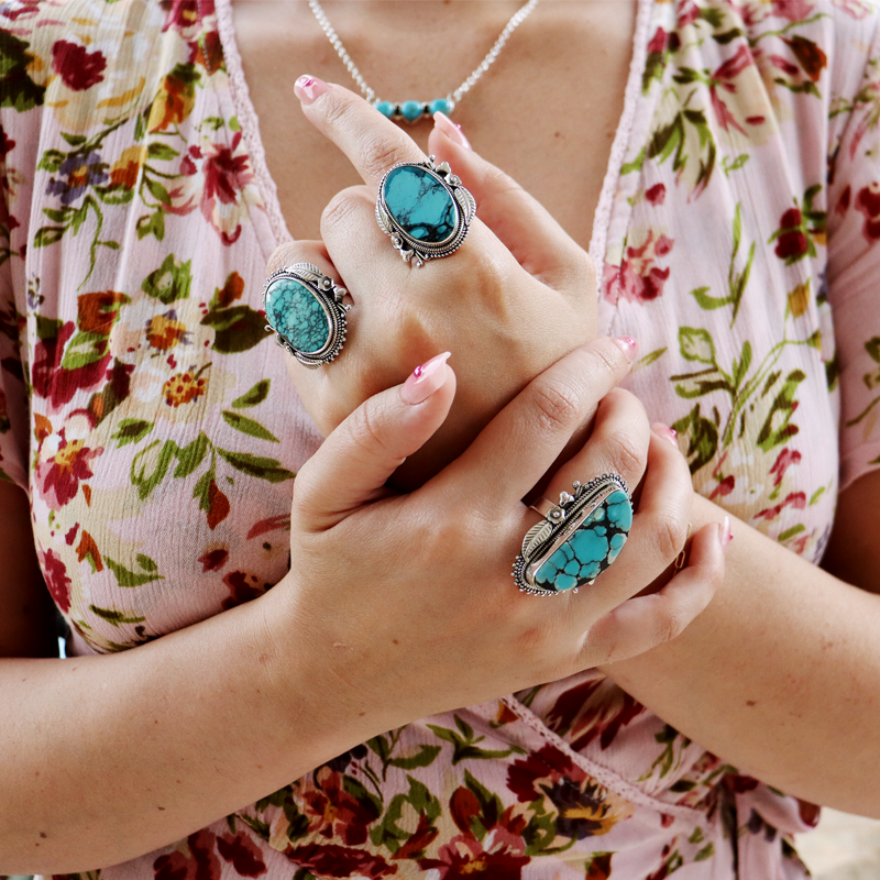 big turquoise boho style gemstone sterling silver ring
