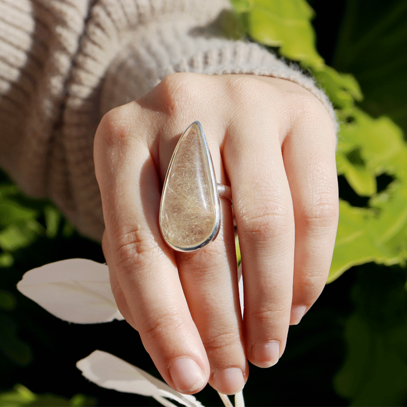 rutilated quartz silver gemstone ring