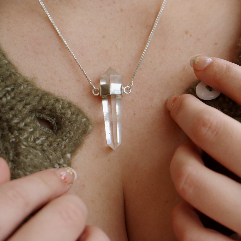 clear quartz point sterling silver necklace