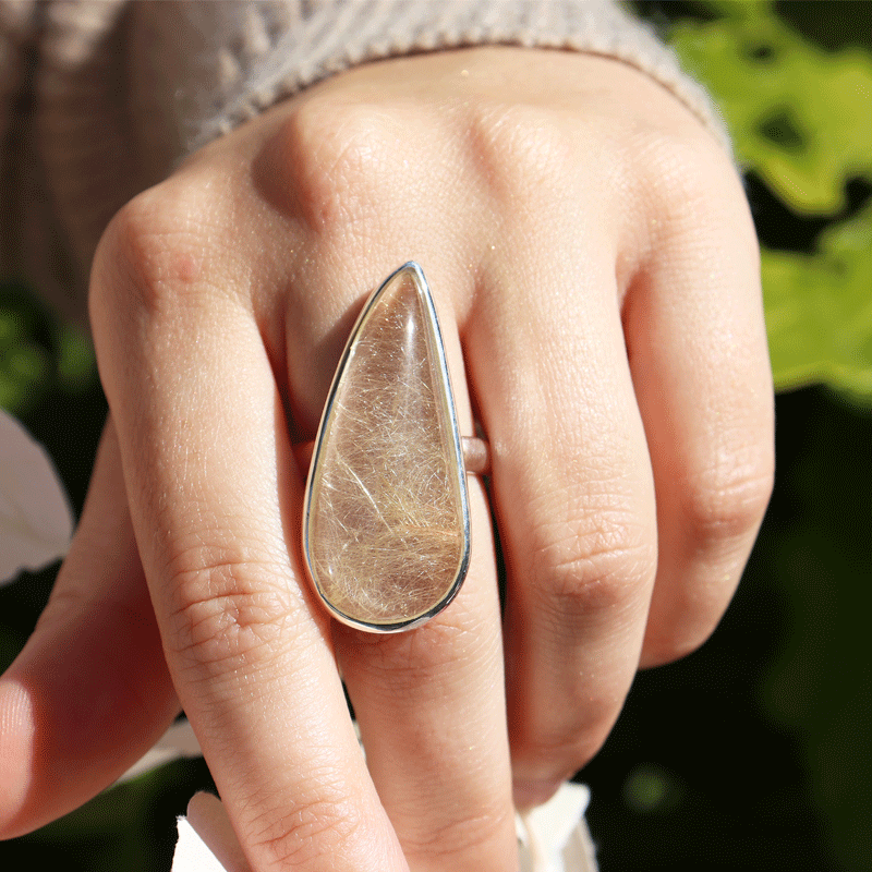 rutilated quartz silver gemstone ring