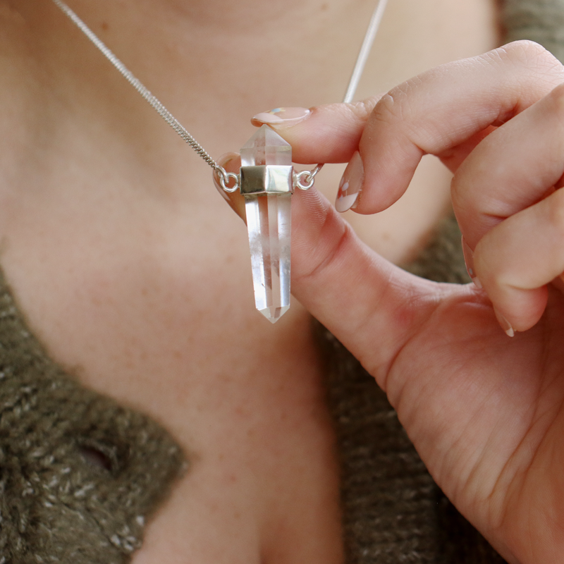 clear quartz point sterling silver necklace
