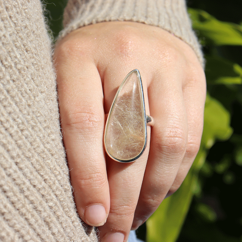 rutilated quartz silver gemstone ring