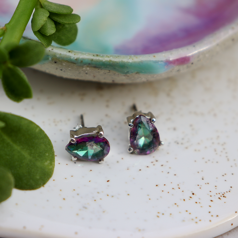 mystic topaz teardrop gemstone sterling silver earrings