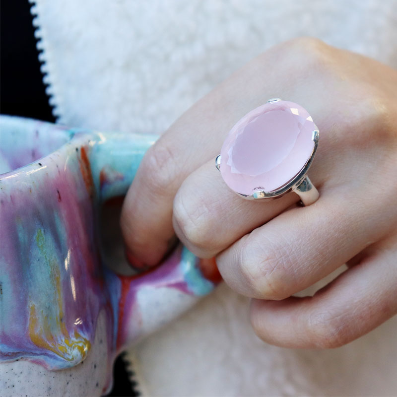 chunky rose quartz silver gemstone oval ring