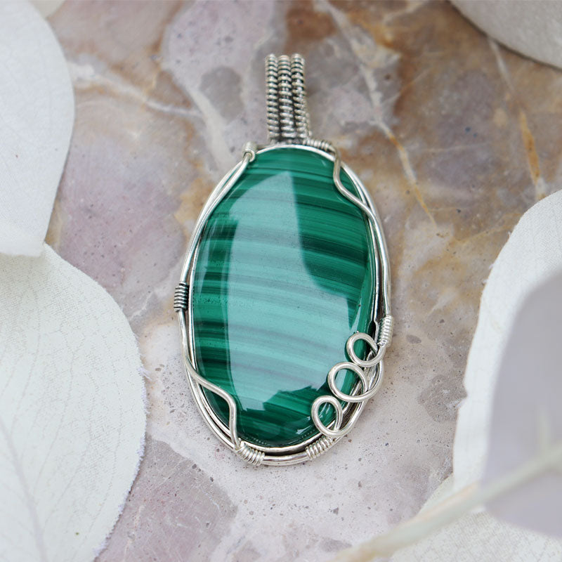 big malachite silver gemstone pendant