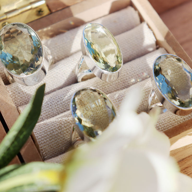green amethyst oval silver gemstone ring